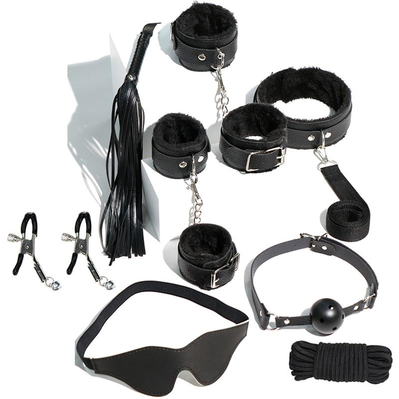 8pcs SM Sex Toy Set, Couple Sex Toys, Collars and Leashes, Handcuffs, Ankle Cuffs, Whips, Mouth Balls, Eye Masks, 10 Meter Rope, Nipple Clip Props