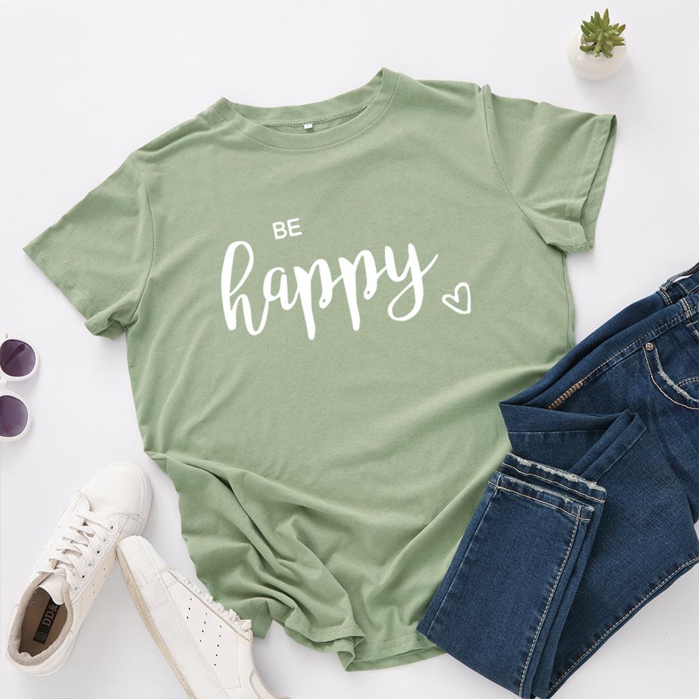 Be Happy Cotton T-Shirt Short Sleeve Round Neck Women 2d Print Tops