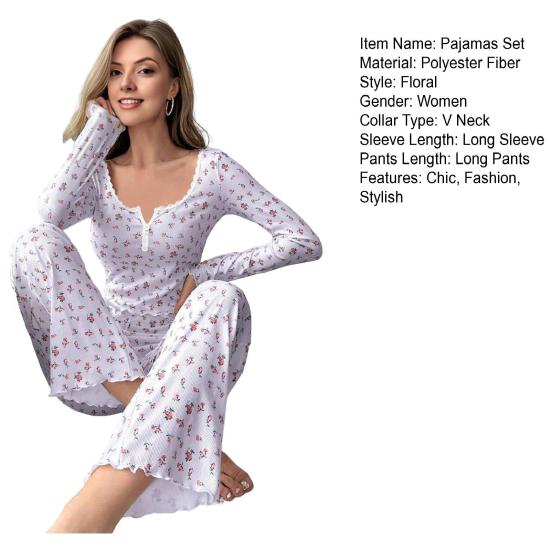 Women's Long Sleeve Pajama Set Ruffle Trim V Neck Crop Top And Wide Leg Pants Sleepwear Set Floral Print 2 Piece Pjs Set