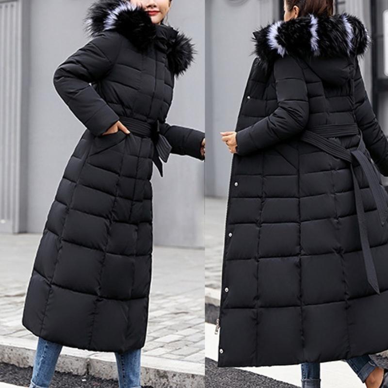 New Winter Jacket Ladies Warm Fashion Bow Belt Collar Long Dress Ladies Thick Coat