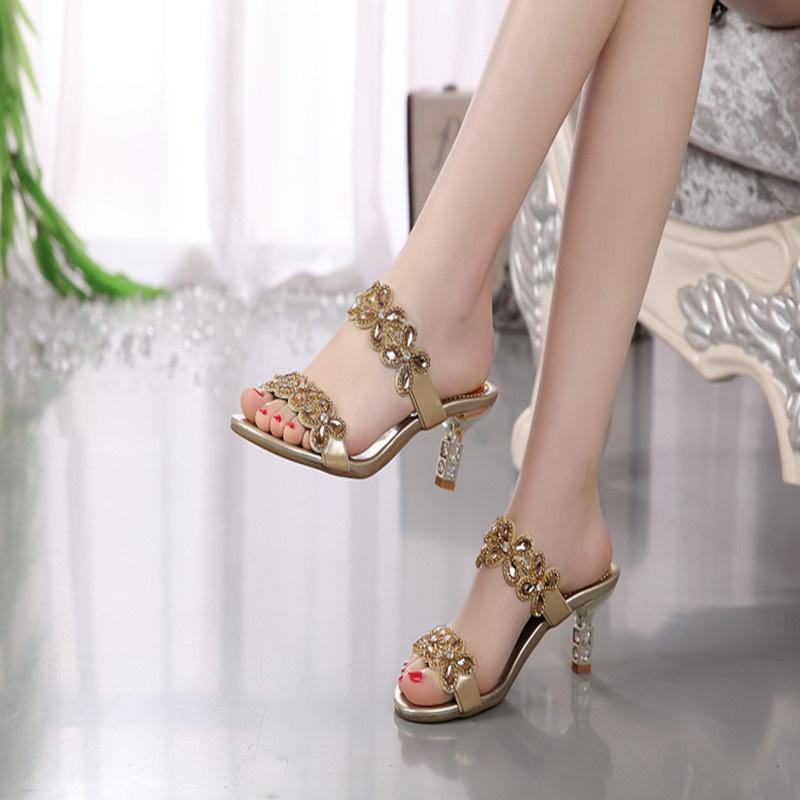 Rhinestone Flower Stiletto Heel Shoes Women's Summer New Thick Heel Shiny Beach Slippers Diamond Fashion Sandals