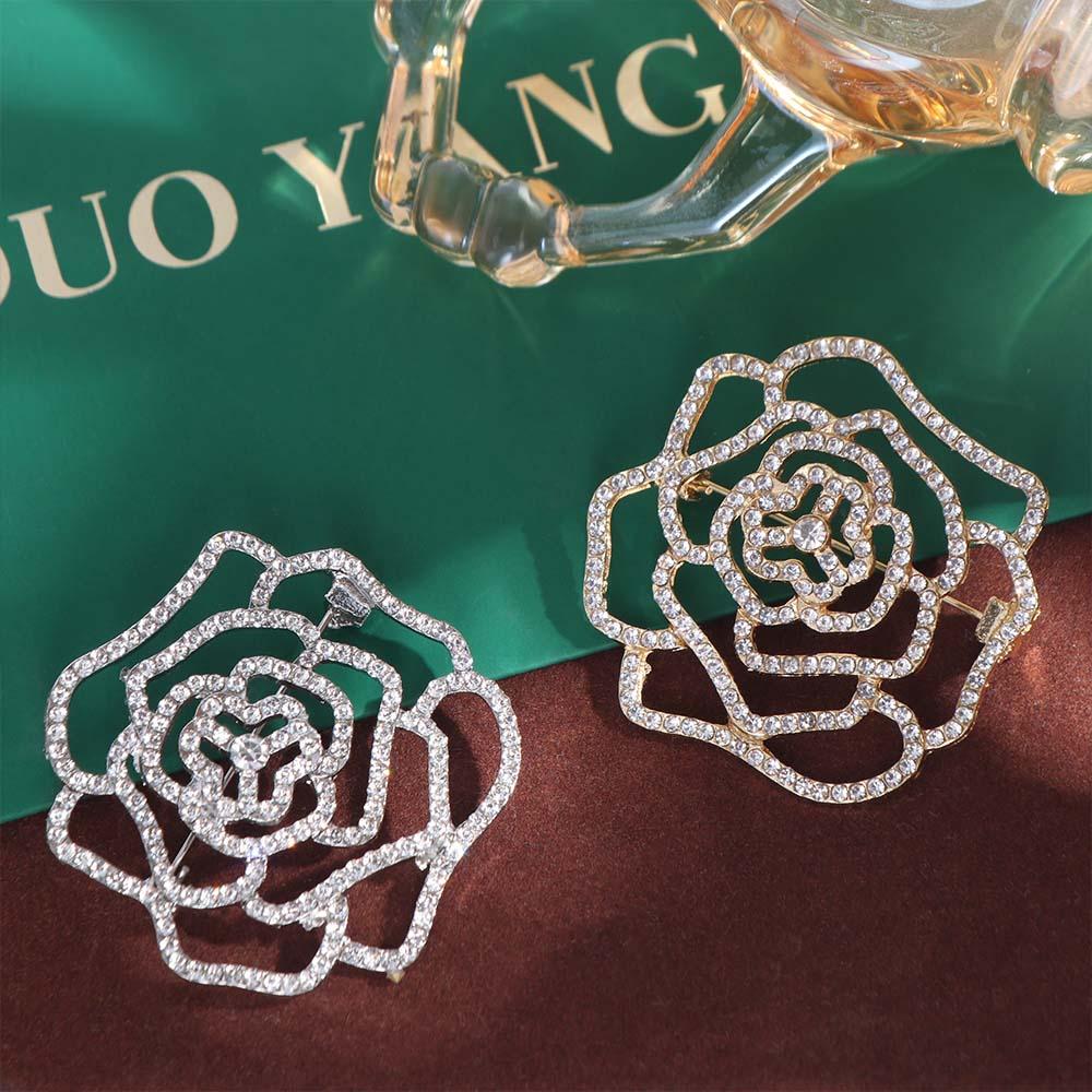 Korean Style Suit Collar Pin Full Rhinestone Rhinestone Brooch Hollow Camellia Brooch Decoration