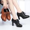 Chunky Heel High Heels Women Spring Women's Shoes Soft Leather Fashion Ladies Deep Mouth Single Shoes Lace-up British Leather Shoes