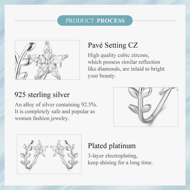 Bisaer 925 Sterling Silver Cubic Zirconia Flower & Leaf Earrings for Women Gift Fashion Jewelry
