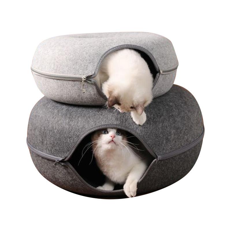Donut Cat Bed Tunnel Interactive Bed Toy House for 2 Cats Felt Pet Cat Half Closed Cave Indoor Training Kennel Toy Pets Supplies