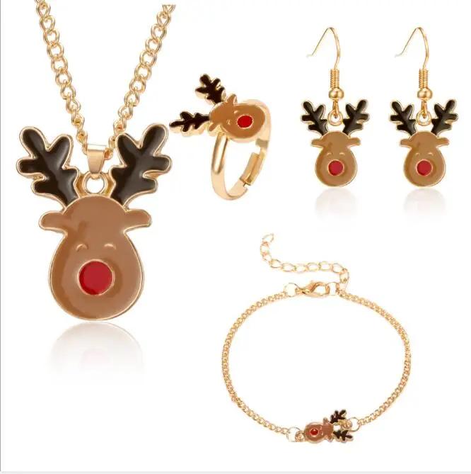 4pcs/set Christmas Necklace Earrings Bracelet Ring Four-piece Christmas Ornaments Xmas Gift Sjewerly Sets for Women