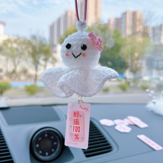 Crochet Sunny Doll Car Charm Handmade Knitted Car Rear View Mirror Hanging Ornaments for Automotive Interior Accessories