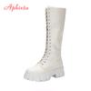 Fashion Aphixta 2025 Winter Shoes Women's Long High Boots White PU Leather Knee High Boots Female Fashion Lace Up Platform Botas Mujer
