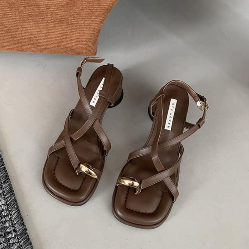 Fashion Sandals Designer New 2025 Dress Women Metal Decoration Ladies Narrow Band Buckle Thick Heels Female Shoes Outside Party Clip Toe