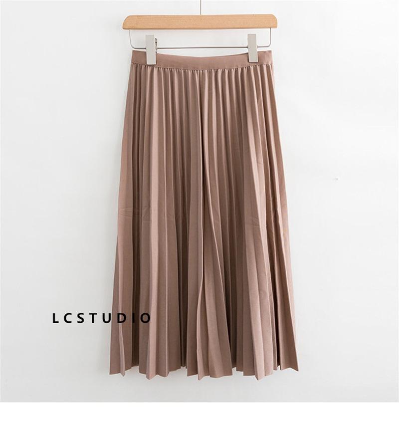 Qooth Elegant A Line Pleated Skirt Spring Summer Long Skirt Women Casual High Waisted Maxi Skirts JM0001