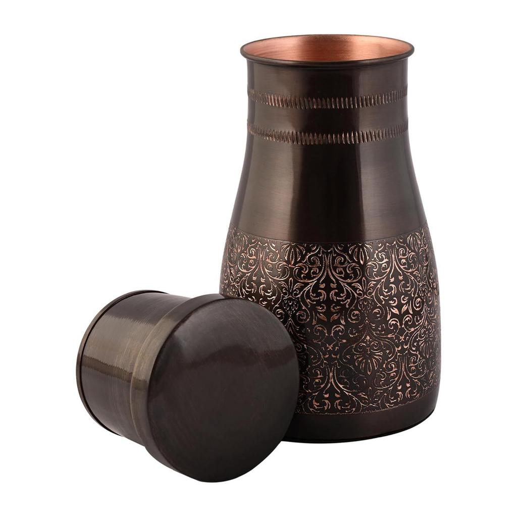 Copper Bedroom Jar with Inbuilt Glass | Rarity Carving Design | Handcrafted, Leakproof, Jointless | Ayurvedic Benefits, Antioxidant Properties