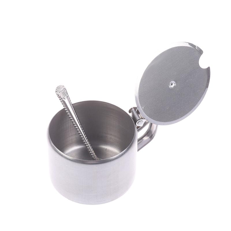 Practical Stainless Steel Sugar Bowl With Handle Lid Spoon Dustproof Waterproof Seasoning Jar Kitchen Restaurant Spice Container