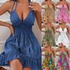 Sexy Women Ruffles Strap Halter Shirred Casual Dress Summer V Neck Mini A-Line Dress