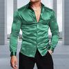 Men Shiny Silk Like Satin Shirt Long Sleeve Casual Slim Fit Dress Shirt Solid Color Lapel Button Down Shirts