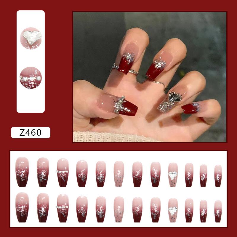 24 Pieces Burgundy Smudge Flash Love Wearing Nail Long Nail Art Film Transparent Spice Girl Ins Wind Fake Nails