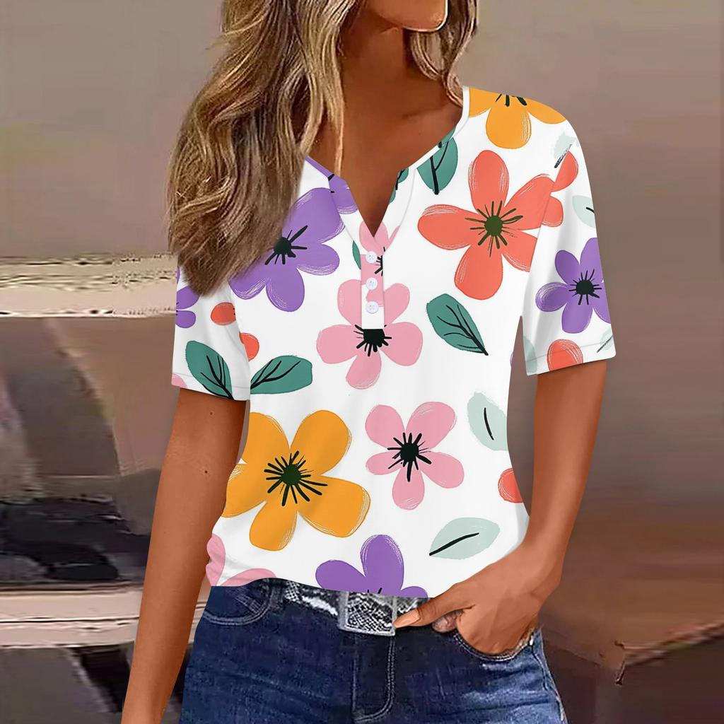 Women's Fashion Casual Vintage Floral Print V-Neck Short Sleeve Decorative Button T-Shirt Tops