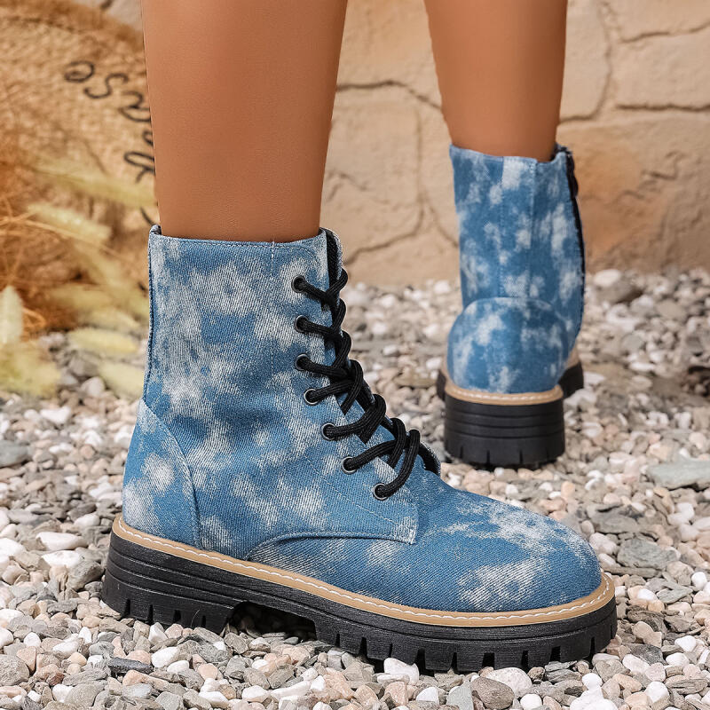 Fashion Thick Bottom Denim Ankle Boots Women 2025 Autumn Fashion Tie-Dye Side Zip Western Cowboy Boots Woman's Platform Shoes Plus Size
