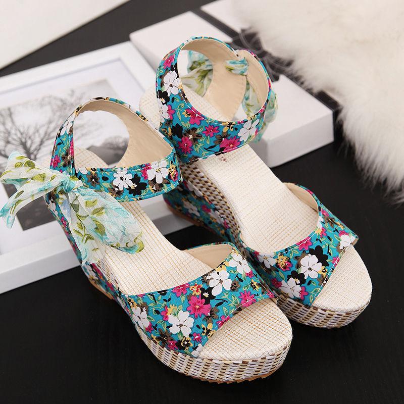 Sandals for Women Wedges Heel Bow Super-high Print Woman Shoes Korea On Offer Sandal Sales 2025 Luxury The Best Wholesale Shoe