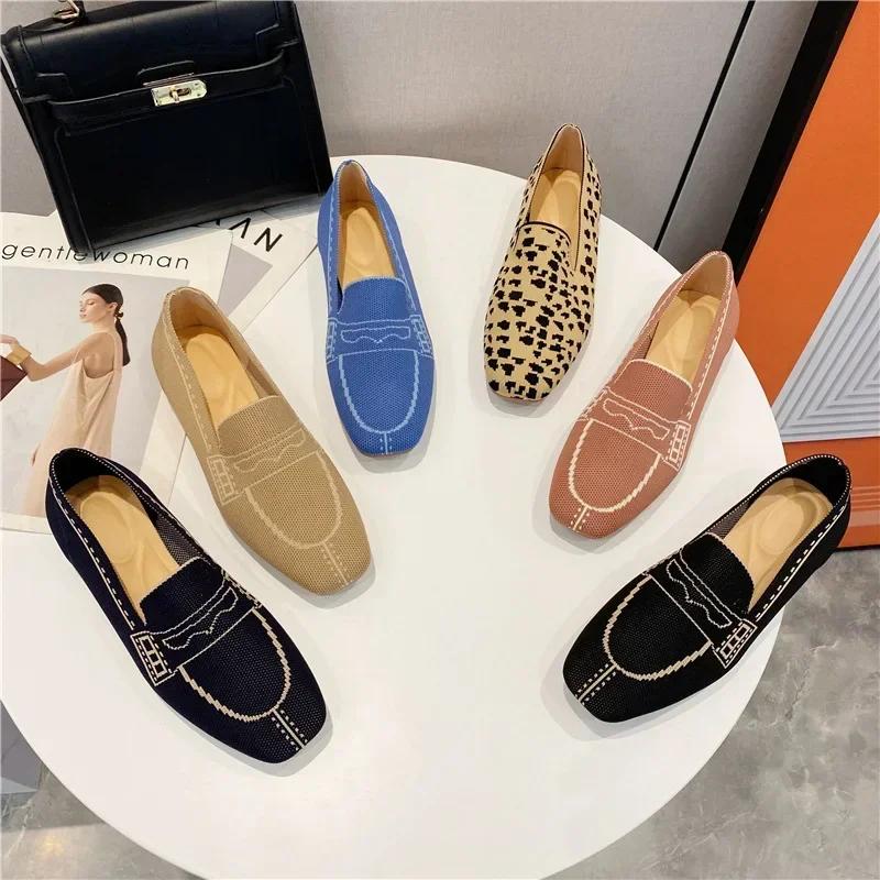 Weaving Princess Shoes Fashion Square Toe Casual Ballet Flats Shoes Women's Knitted Flat Bottom Soft Sole Walking Shoes 2024