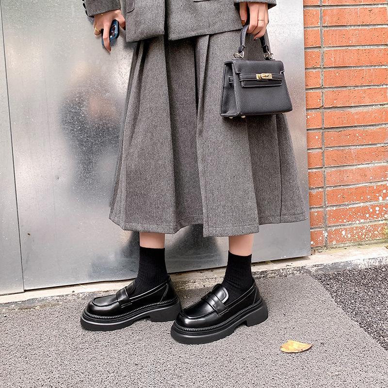 Cowhide Version! Half-song British Style Retro Platform Lazy Loafers Women's Small Men's Height Increase Small Leather Shoes Women's Single Shoes