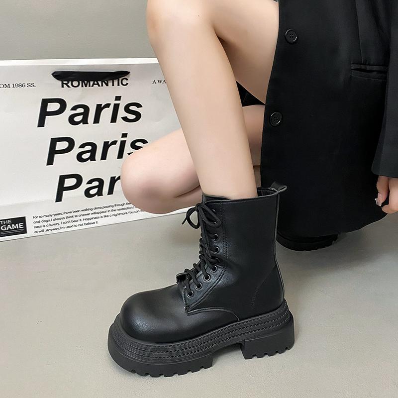 Vintage Platform Thick Bottom Women Motorcycle Boots Fashion Autumn Winter Female Height Increase Short Booties