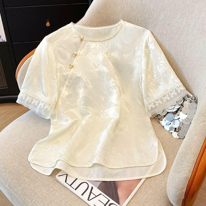 Summer New Short-sleeved Button-down Shirt Silk Fashion Large-size Temperament Shirt Top Women