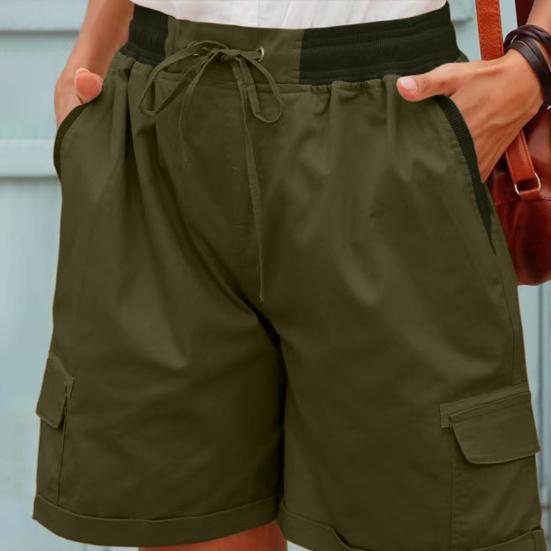 Women Shorts High Waist Adjustable Drawstring Cargo Shorts with Pockets Solid Color Summer Casual Shorts Daily Wear