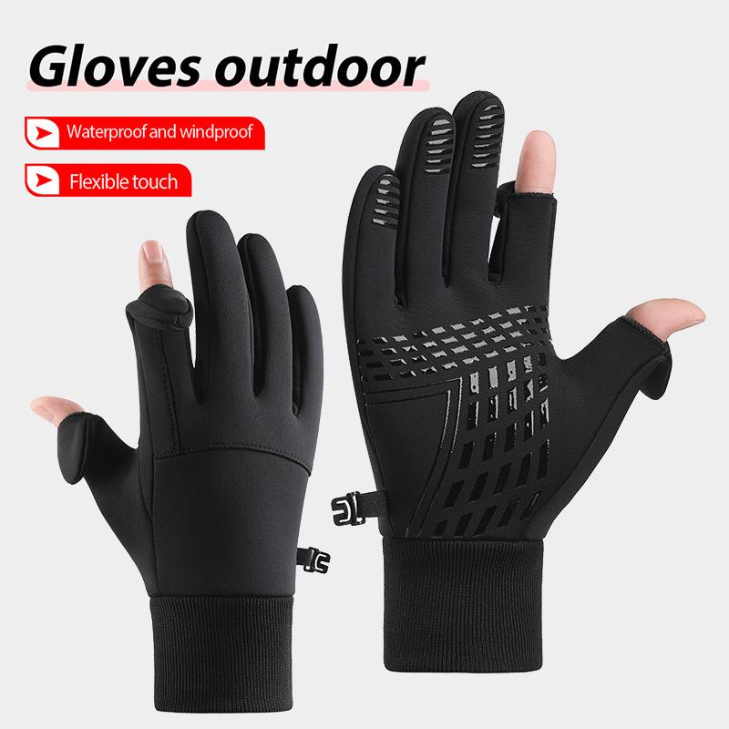 New Cycling Gloves Men's Winter Outdoor Sports Waterproof and Non Slip Two Finger Touch Screen Plus Velvet Warm Gloves