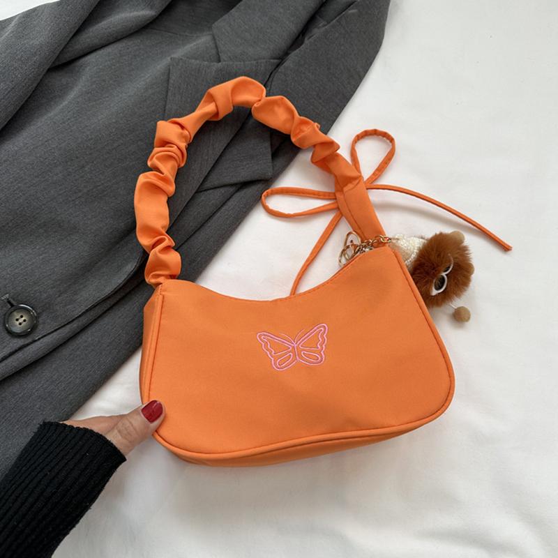 Cute Embroidered Bowknot Butterfly Shoulder Bag Women Pleated Handbag Half-moon Underarm Bag Fashion Oxford Nylon Bow Tote Bag