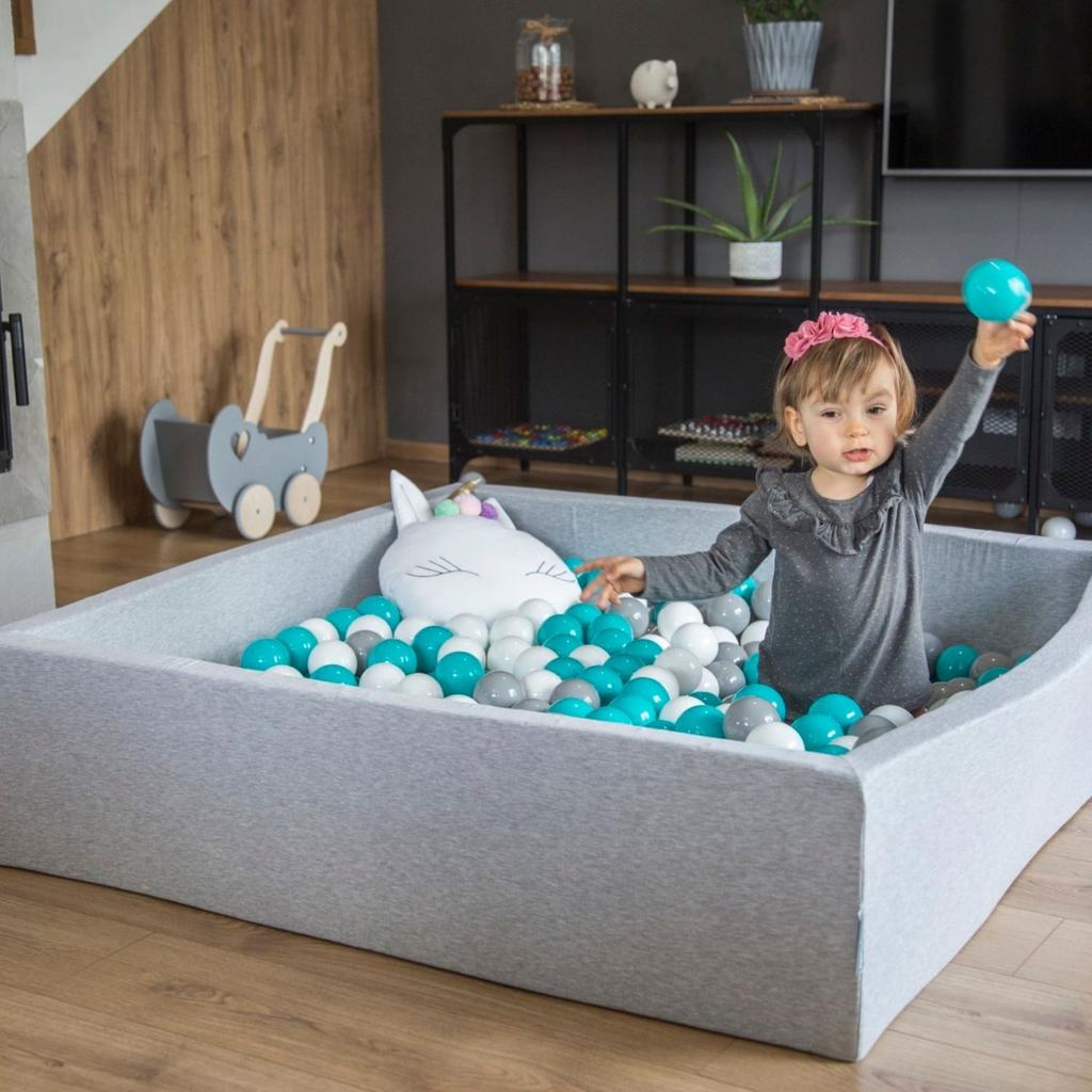 KiddyMoon Soft Ball Pit Square 120x30cm/300 Balls Balls 7cm / 2.75in for Kids, Light Grey:white-grey-light Turquoise