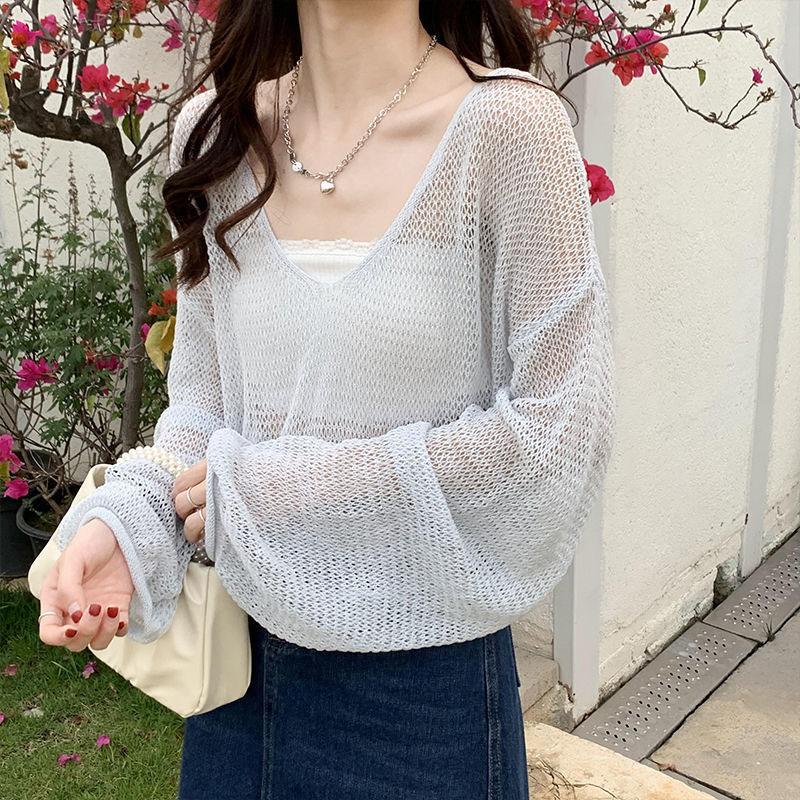 Long Sleeves Hollow Out Sweater Irregular Thin Design Women's Sun Protection Knitted Top V Neck Long Sleeves Loose and Lazy