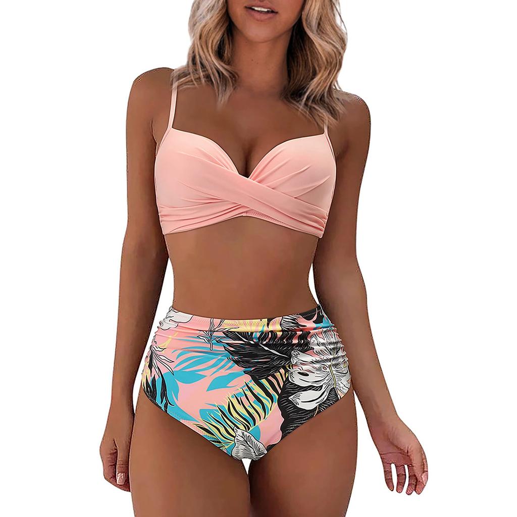 Women's Spring And Summer Sexy Print Split High Waist Bikini Swimsuit (2 Sets)