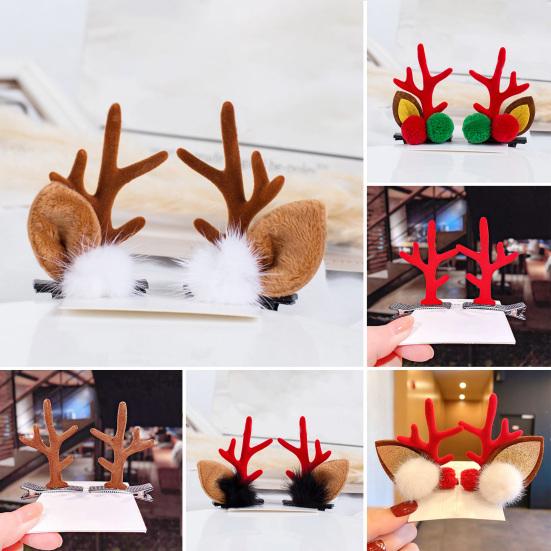 1 Pair Reindeer Antler Hair Clips for Christmas Fluffy Ear Headband with Pom Poms Festive Girls Hair Accessories Gift for Women Kids