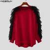 Men Ruffled Hem Long Sleeve T-shirts Casual Lace Patchwork Tops