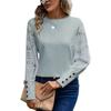 Autumn Solid Color Long Sleeved Embroidered Lace Patchwork Waffle Round Neck Top T Shirt