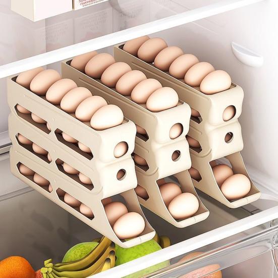 Fridge Egg Storage Box Four Tiers Automatic Rolling Large Capacity Space-Saving 30 Egg Organizer Refrigerator Side Door Egg Dispenser