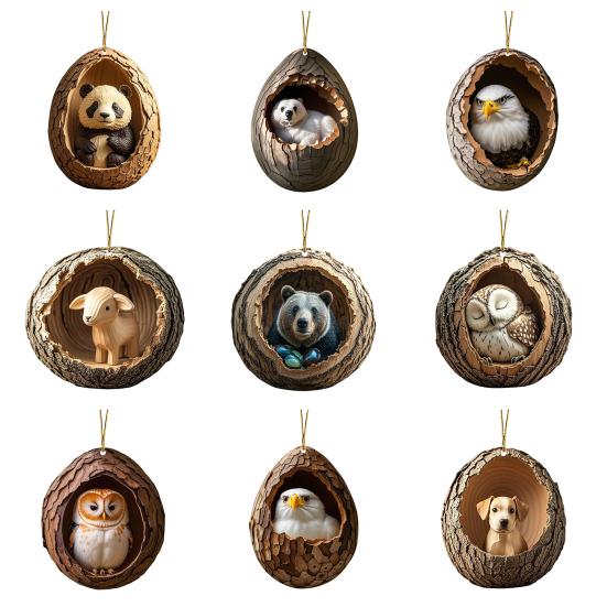 9Pcs/Set Christmas Tree Pendant Animal Hanging Ornament 2D Acrylic Owl Dog Panda Pattern Xmas Tree Decoration