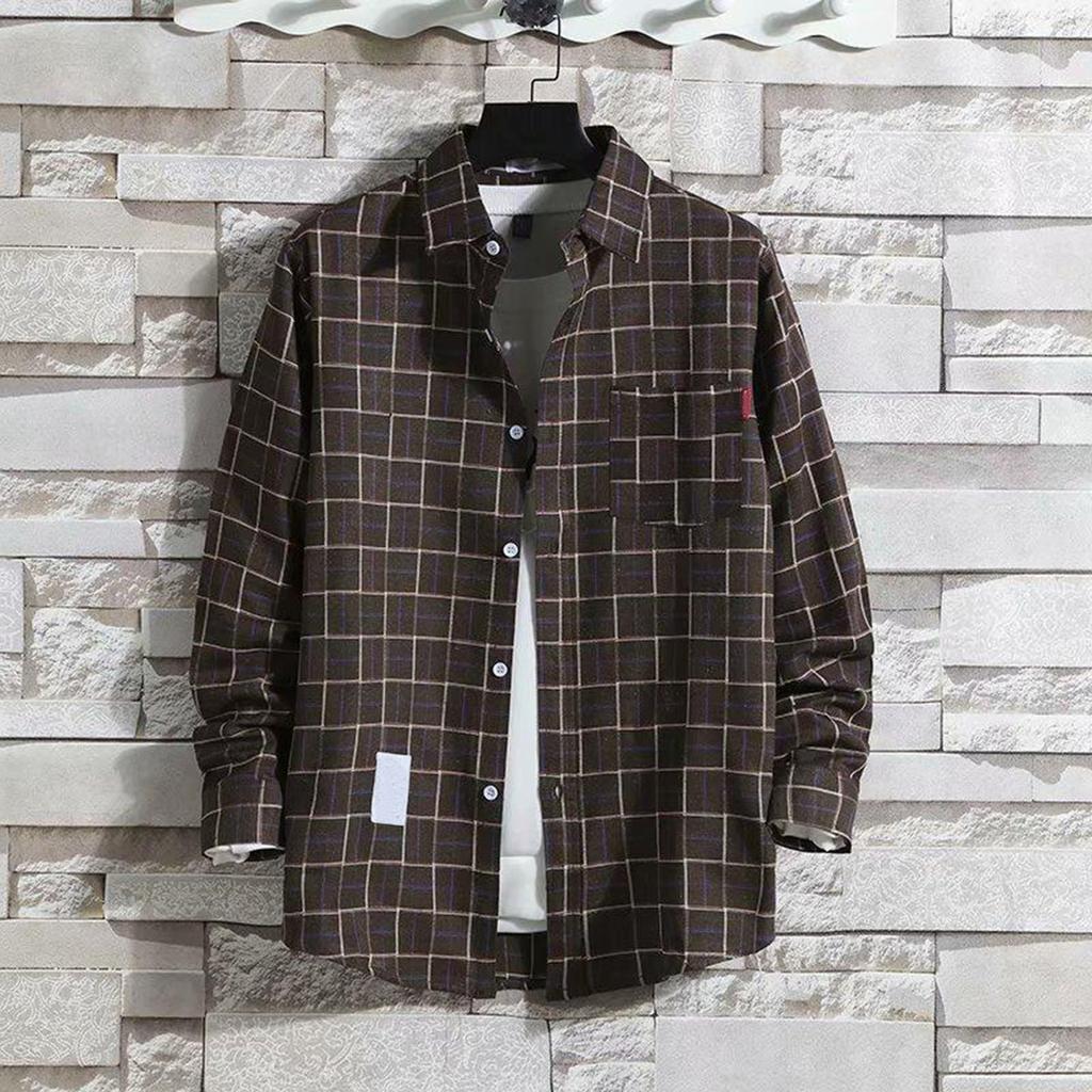 Men's Blouses Lapel Shirt Long Sleeve Plaid T-shirts Loose Shirt With A Coat Button Down Casual Shirts Plus Size Fashion Tops
