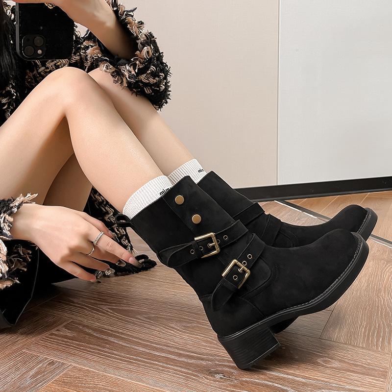 Retro Suede Western Cowboy Boots Women's Autumn and Winter Medium Tube Thick Heel Two Wear Lapel Short Boots Women's Belt Buckle Martin Boots