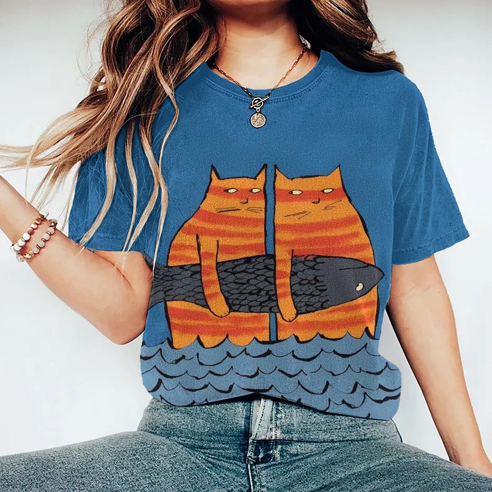 Women's T Shirt Cartoon Cat Pattern Print Summer Casual Short Sleeve Tee Fashion Streetwear Cute Girl Female Oversized Clothing