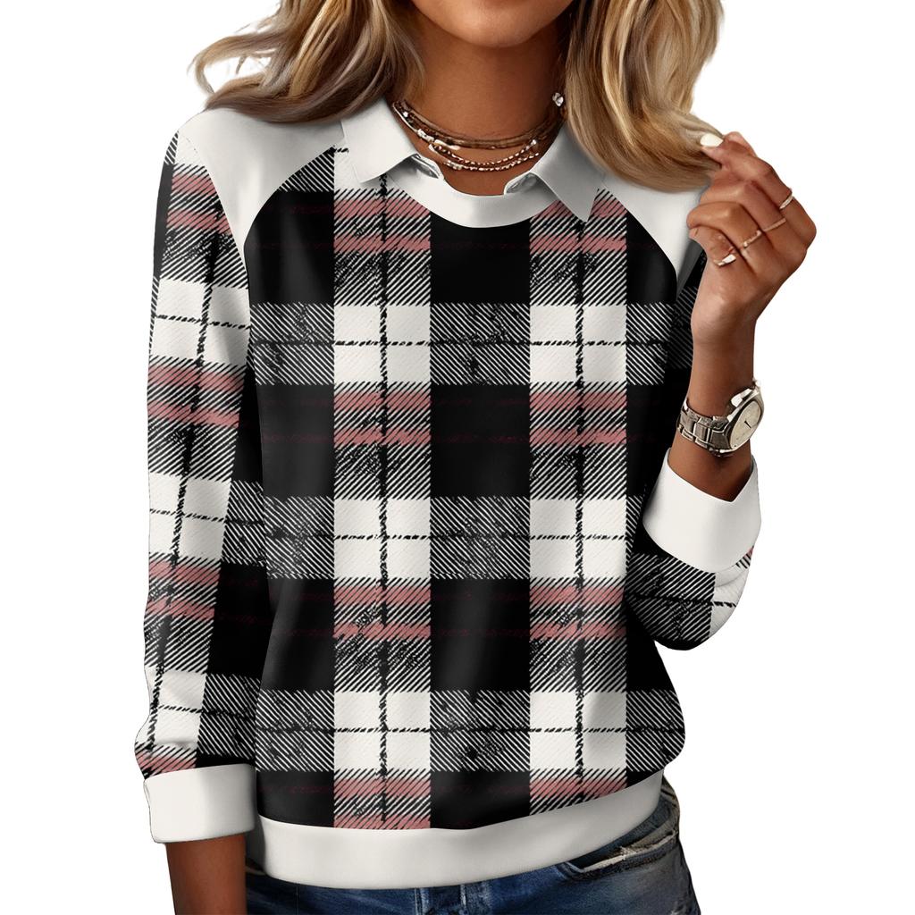 Ladies' Plaid Printed Casual Long Sleeved Sweatshirt Top