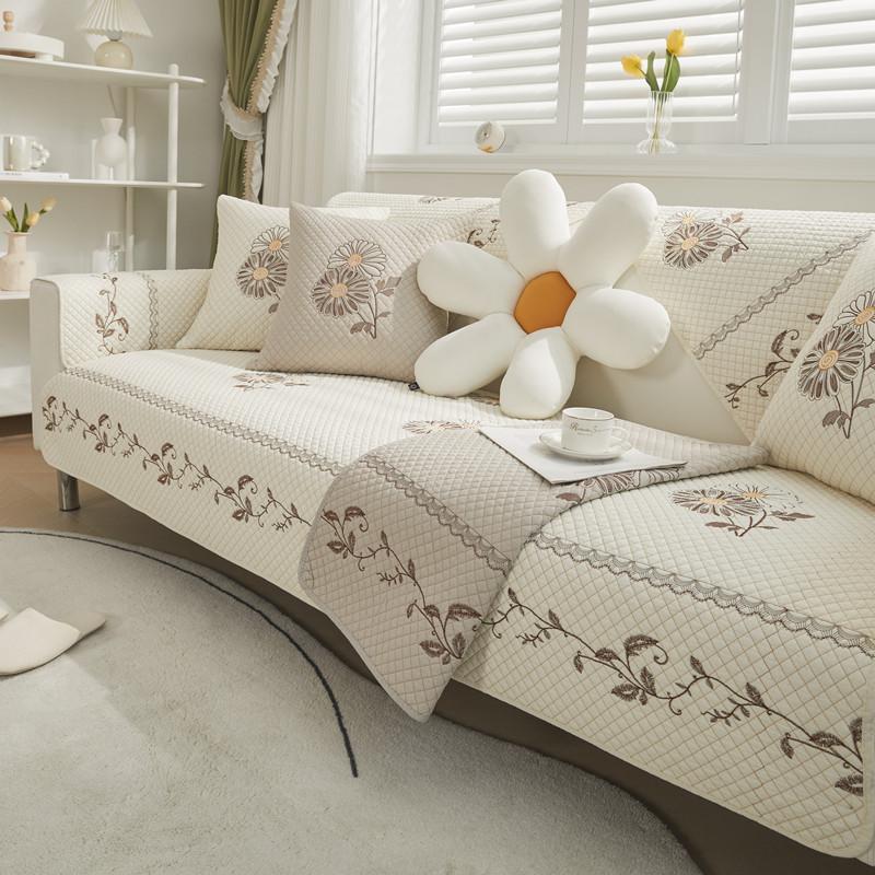 Four Seasons Fabric Washed Cotton Embroidery Sofa Cushion, Modern Simple Combination Non-Slip Sofa Cushion Towel Wholesale