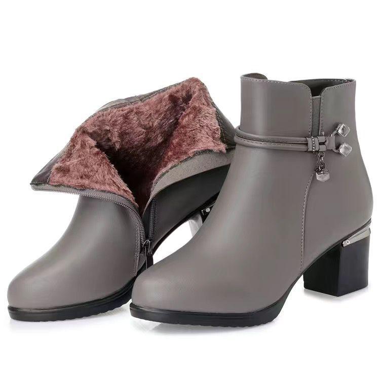 Winter Mother Cotton Shoes, Women's Short Boots, High-heeled Women's Boots, Mid-heel Plus Velvet Warm Cotton Boots