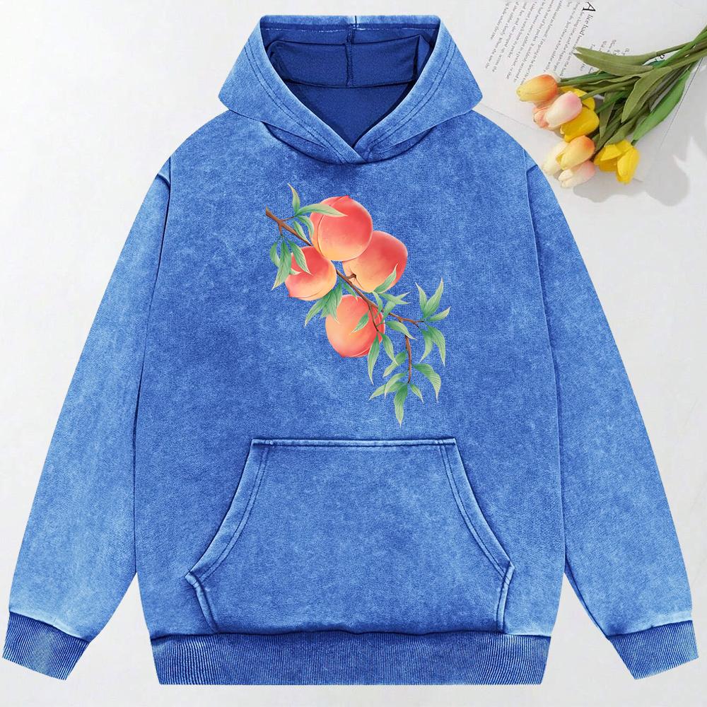 Fresh Peaches On Branches Print Washed Hoodie Female Autumn Trendy Sweatshirt Vintage Loose Hoodies Street Cotton