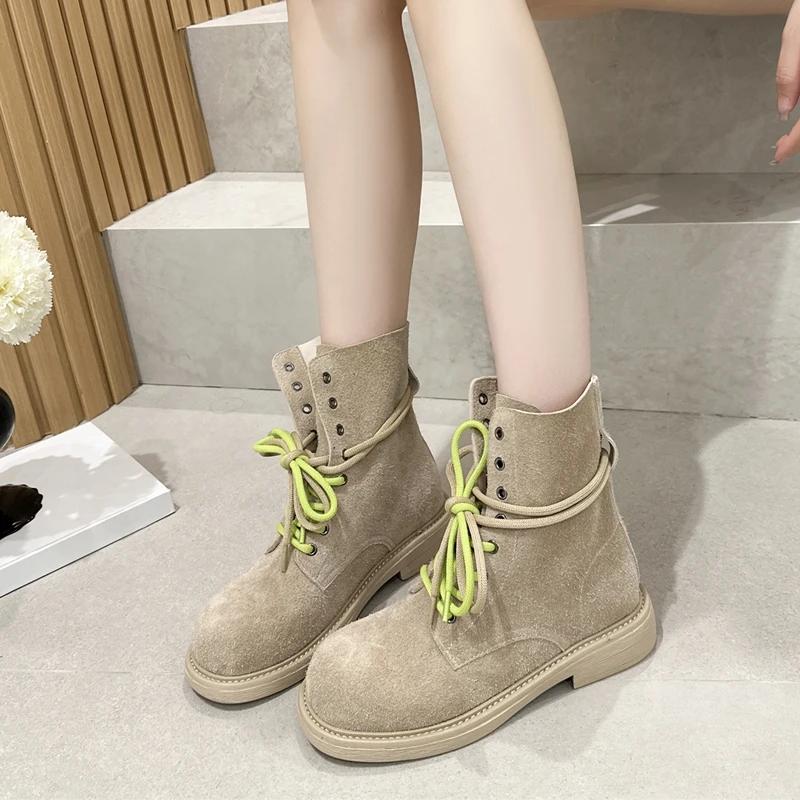 Ankle Boots Women's 2025 New Genuine Leather New Women's Biker Boots Lace-up Suede Women's Booties