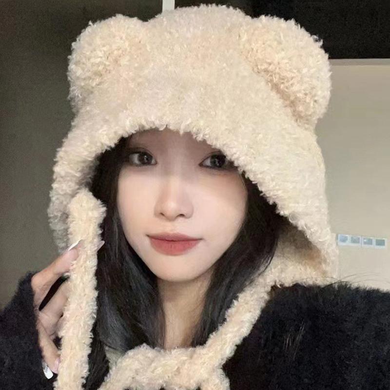 Winter Women'S  Hat Cute Bear Earmuff Hat Plush Warm Solid Color Hat