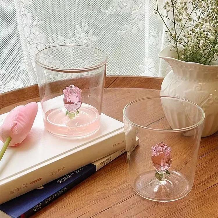 300ML Glass Water Cup with 3D Christmas Tree Rose Decoration For Daily Party Drinking Glasses Coffee Milk Mug Lover Gifts