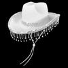 Elegant Bridal Rhinestone Cowboy Hat With Tassel Lace Design For Wedding Party Soft Fabric White Black Pink