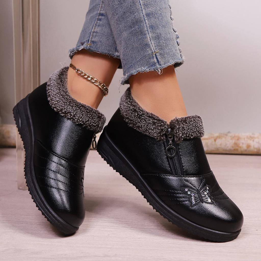 Autumn and Winter New Fashion Versatile Cotton Shoes Women's Flat Bottom Non-slip Casual Soft Sole Warm Side Zipper Cotton Shoes Women