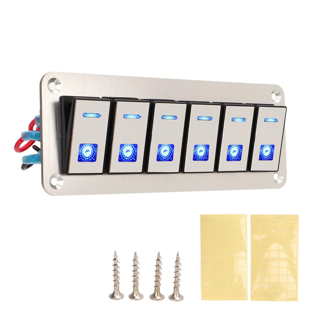 6 Gang Rocker Switch Panel 12V 24V Blue LED Waterproof SPST On Off Pre Wired Switch for Car Boat
